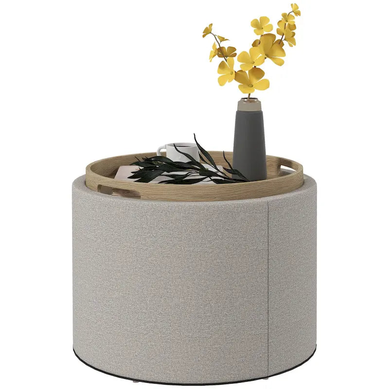 Round Storage Ottoman Coffee Table with Flip Top Tray, Gray