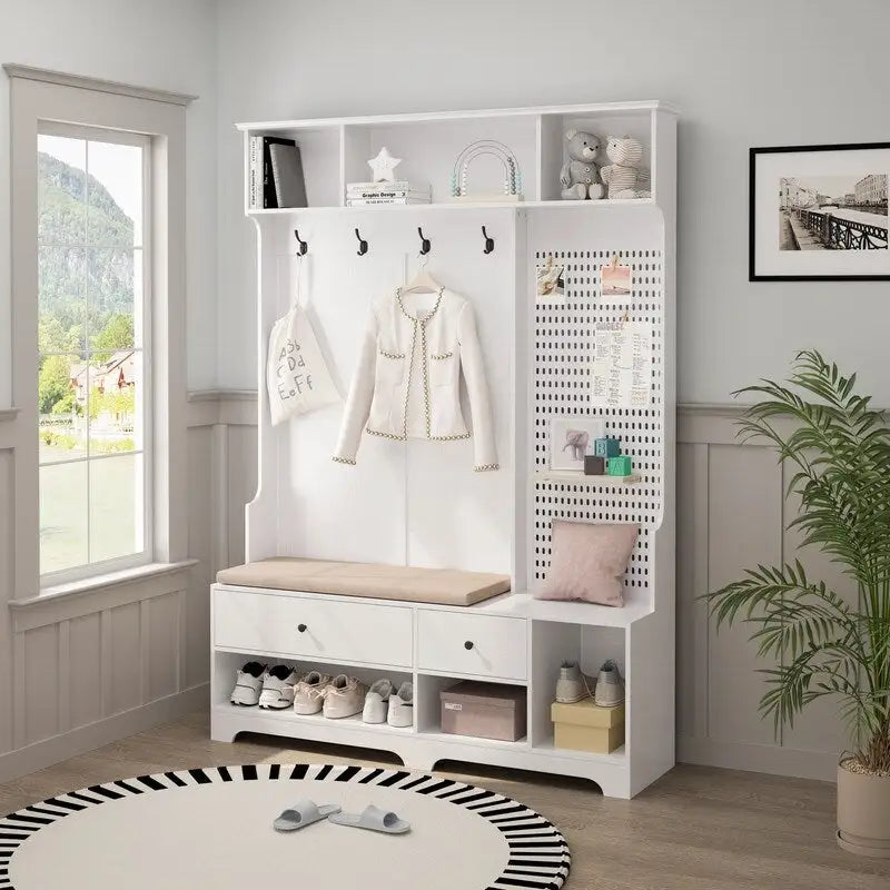 Hallway Hall Tree with Removable Cushioned Bench, Coat Rack, Storage Shelves