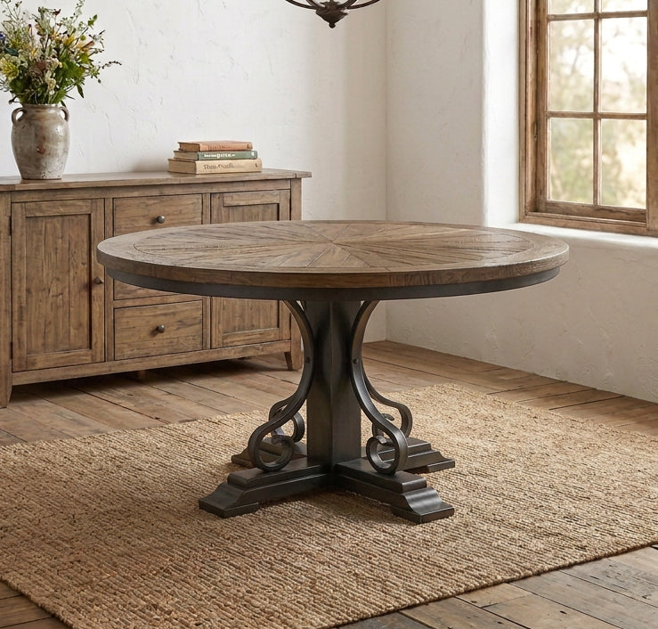 Round Solid Wood Dining Table with Pedestal Base, Light Oak Brown
