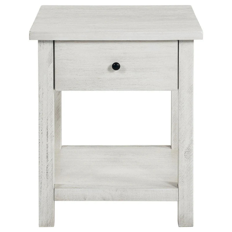 Side Table, 1 Drawer, White Wood, Square 20 Inch