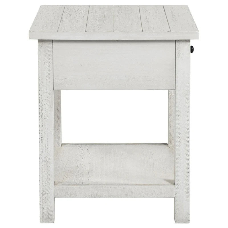 Side Table, 1 Drawer, White Wood, Square 20 Inch