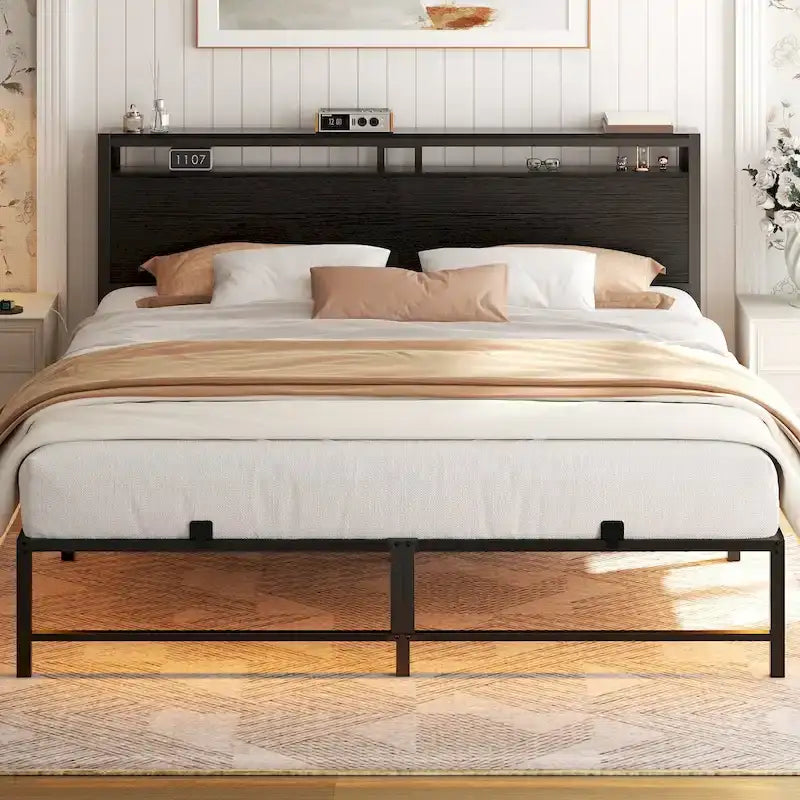 Bettgestell mit Kopfteil, Metallplattformbett mit LED-Leuchten und Ladestation