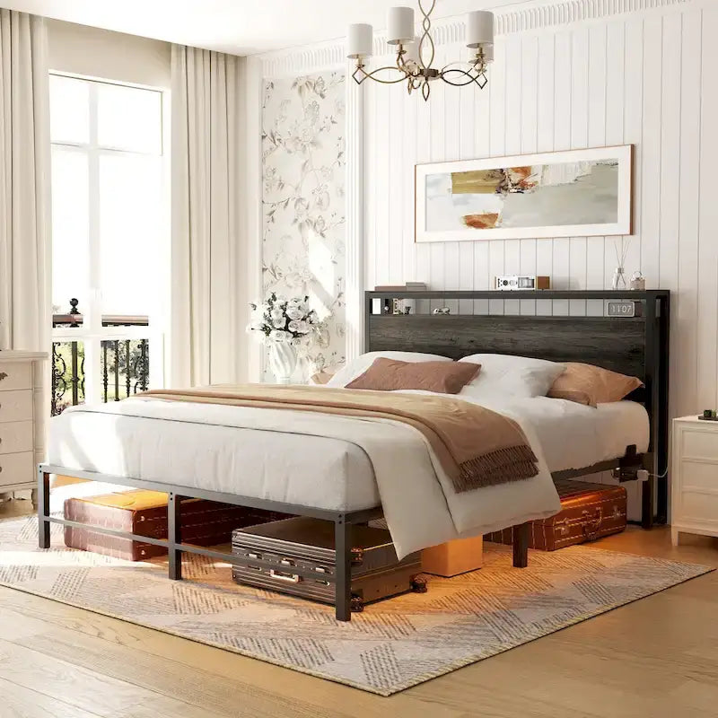 Bed Frame with headboard, Metal Platform Bed with LED Lights and Charging Station