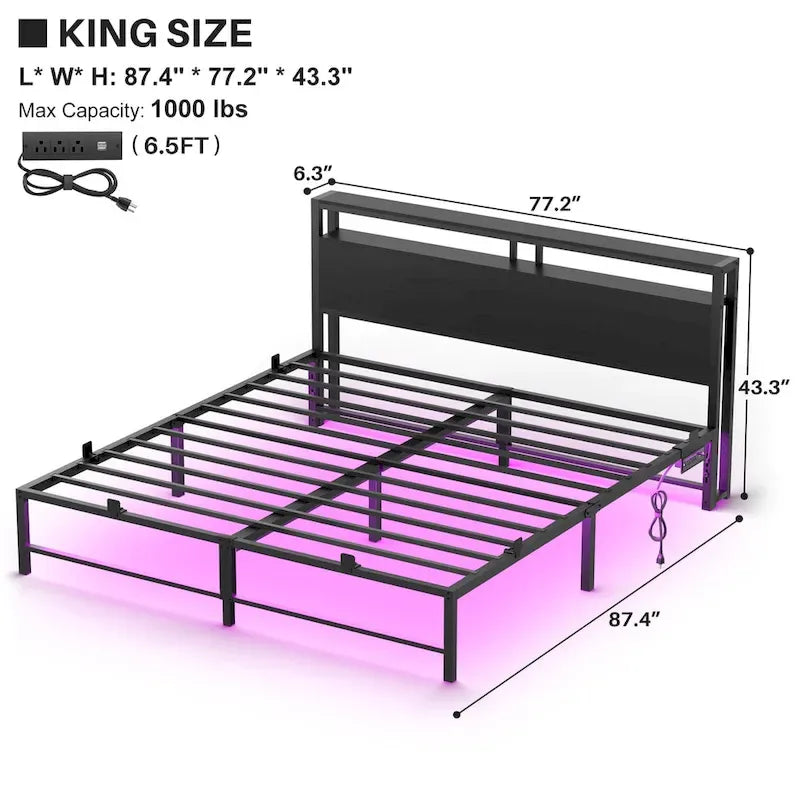 Bettgestell mit Kopfteil, Metallplattformbett mit LED-Leuchten und Ladestation