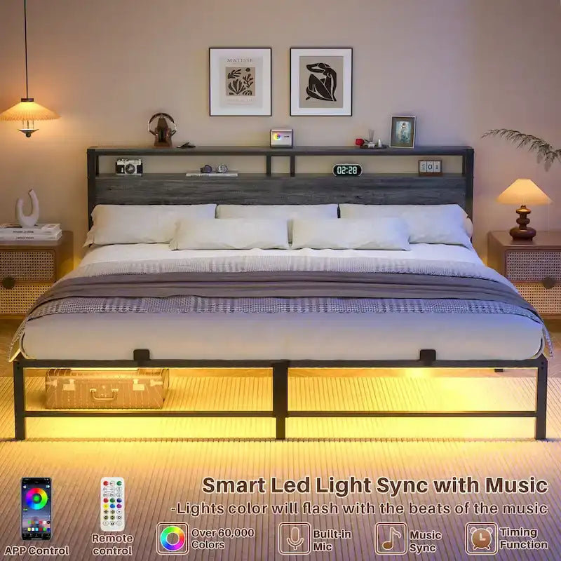 Cadre de lit avec tête de lit, lit plateforme en métal avec éclairage LED et station de recharge