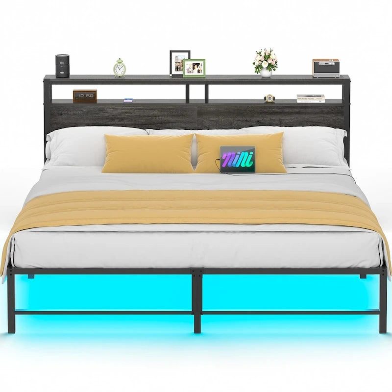 Cadre de lit avec tête de lit, lit plateforme en métal avec éclairage LED et station de recharge