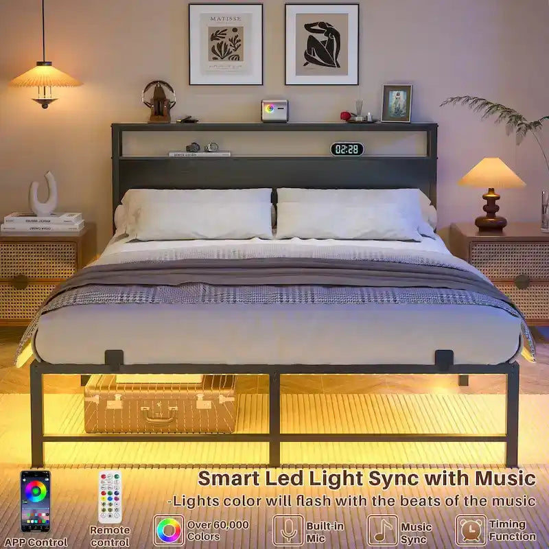 Cadre de lit avec tête de lit, lit plateforme en métal avec éclairage LED et station de recharge