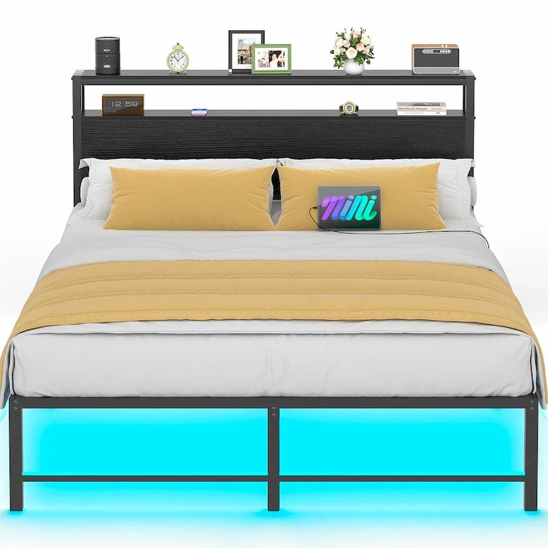 Cadre de lit avec tête de lit, lit plateforme en métal avec éclairage LED et station de recharge