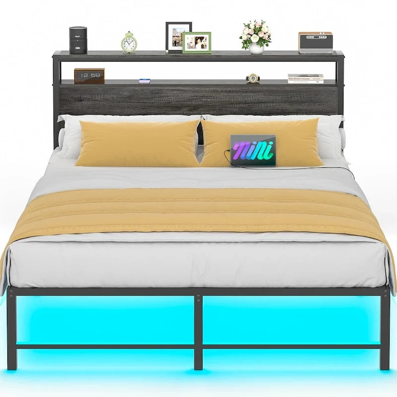 Cadre de lit avec tête de lit, lit plateforme en métal avec éclairage LED et station de recharge
