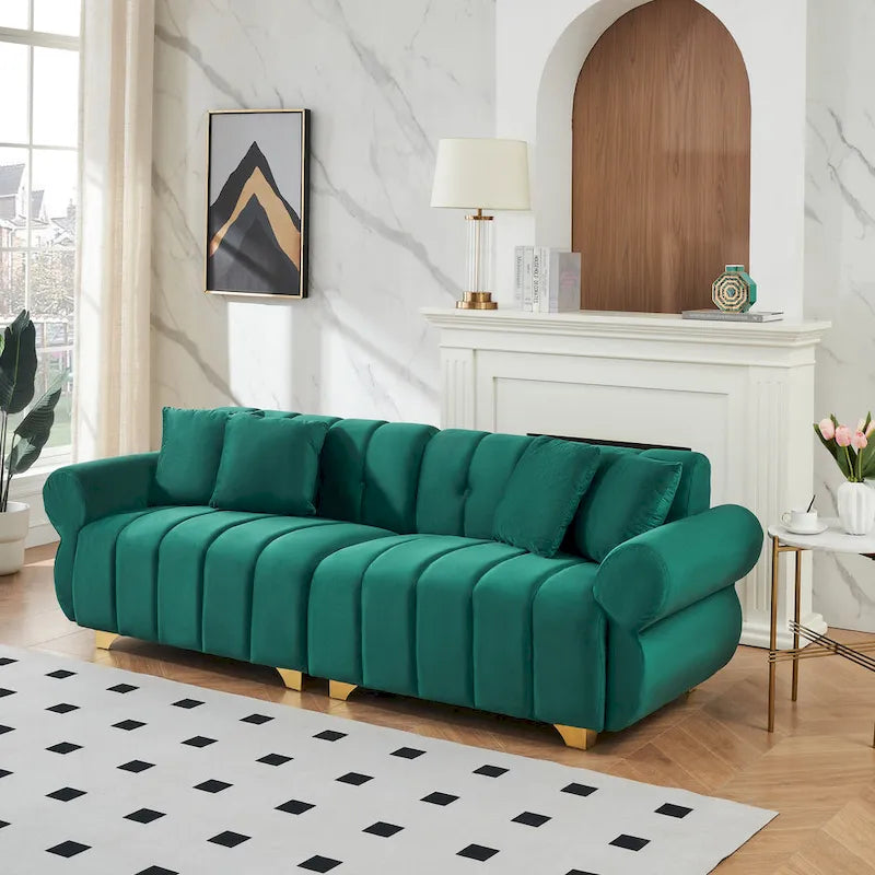 Green Velvet 3-seater Sofa with Cushions