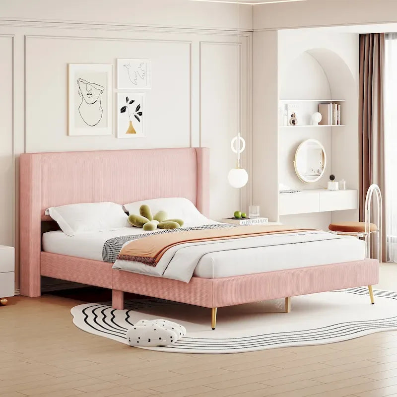 Cord-Samt-Polsterbett in Queen-Size mit Kopfteil