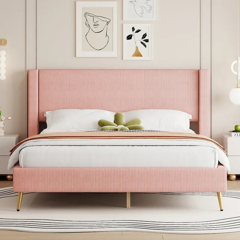 Queen Corduroy Platform Bed with Headboard