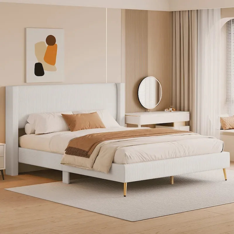 Queen Corduroy Platform Bed with Headboard