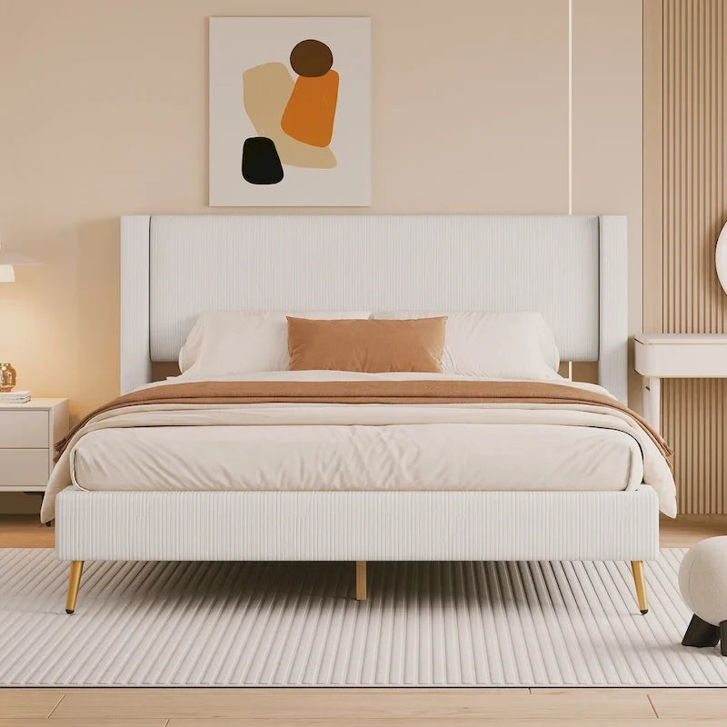 Queen Corduroy Platform Bed with Headboard