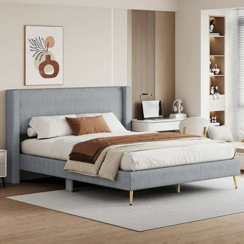 Queen Corduroy Platform Bed with Headboard