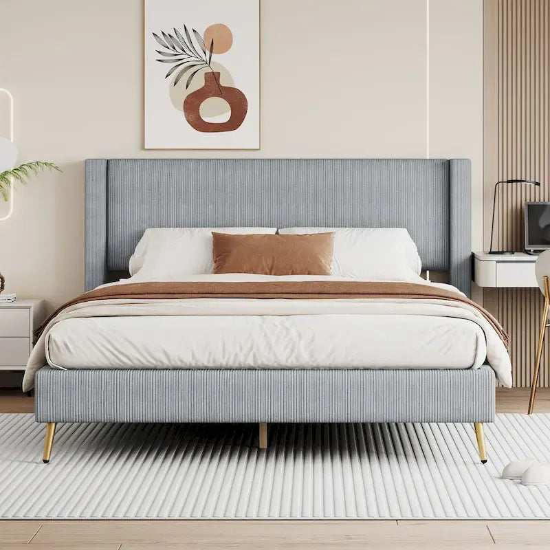 Queen Corduroy Platform Bed with Headboard