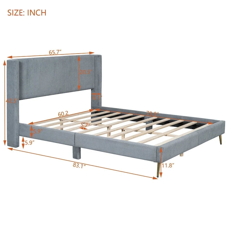 Queen Corduroy Platform Bed with Headboard