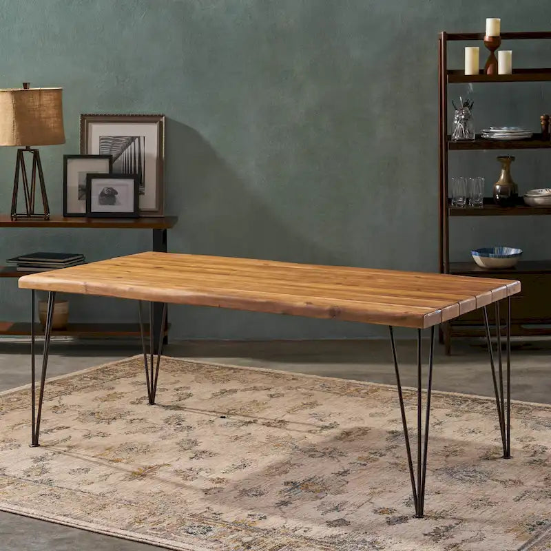 Acacia Wood Dining Table with Live Edge, Teak Finish & Rustic Metal Hairpin Legs