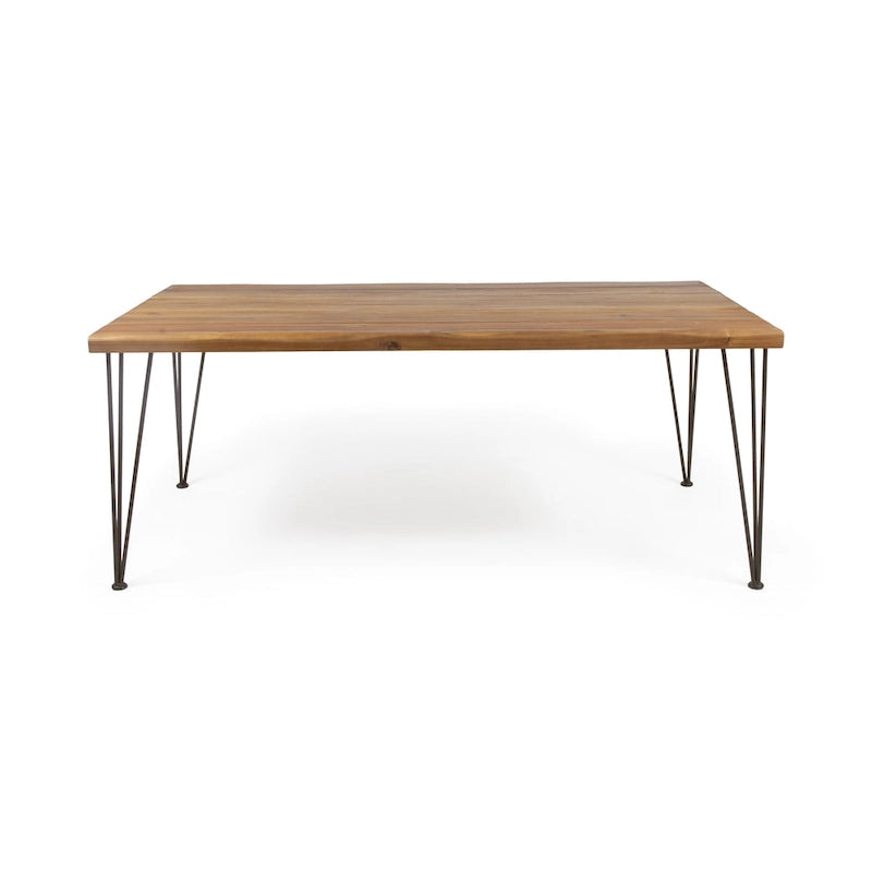 Acacia Wood Dining Table with Live Edge, Teak Finish & Rustic Metal Hairpin Legs