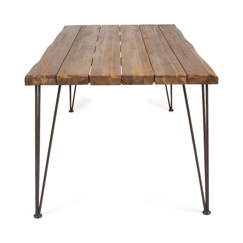 Acacia Wood Dining Table with Live Edge, Teak Finish & Rustic Metal Hairpin Legs