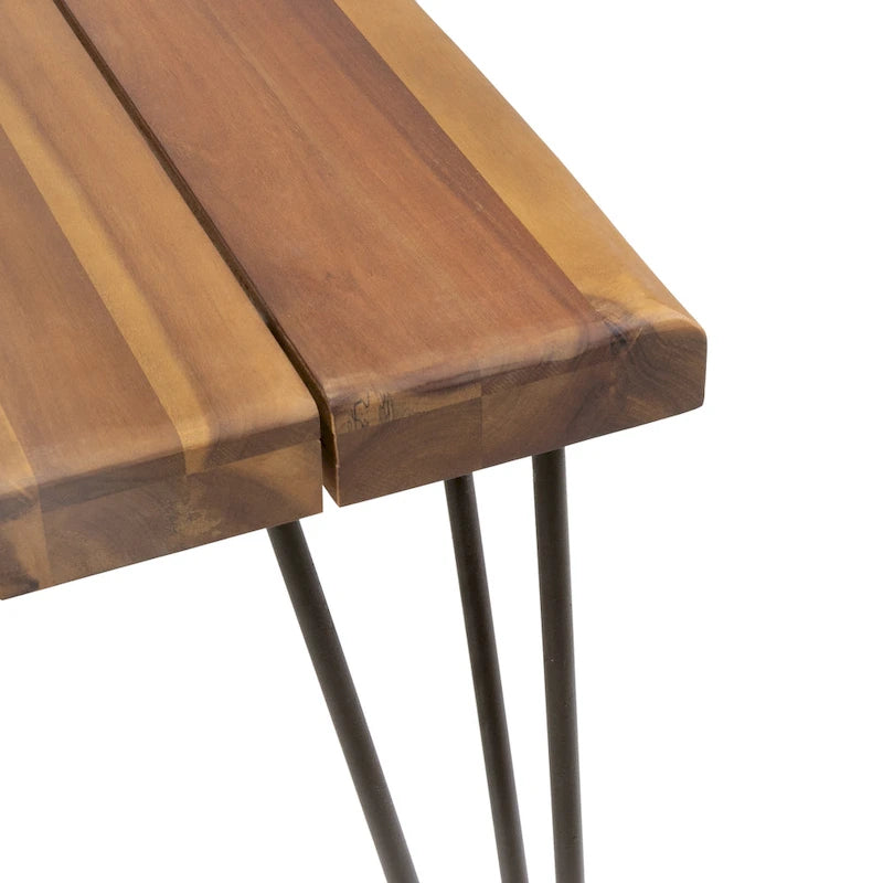 Acacia Wood Dining Table with Live Edge, Teak Finish & Rustic Metal Hairpin Legs