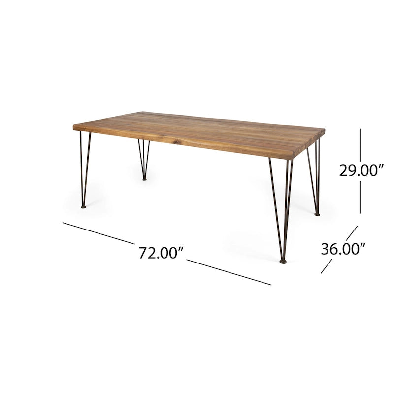 Acacia Wood Dining Table with Live Edge, Teak Finish & Rustic Metal Hairpin Legs