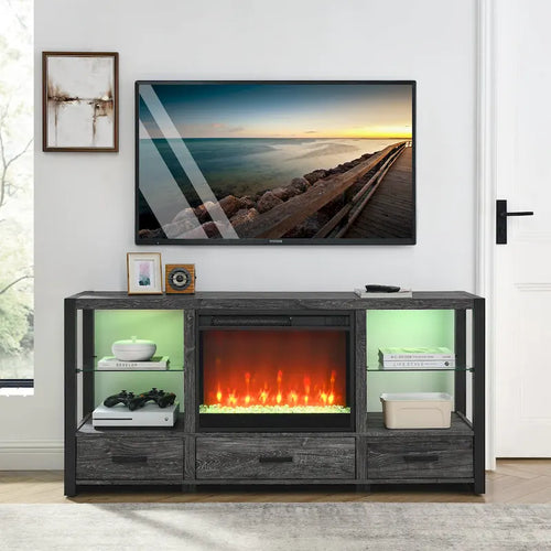 60-Zoll-Elektrokamin-Medien-TV-Ständer mit LED-Leuchten - dunkle rustikale Eiche