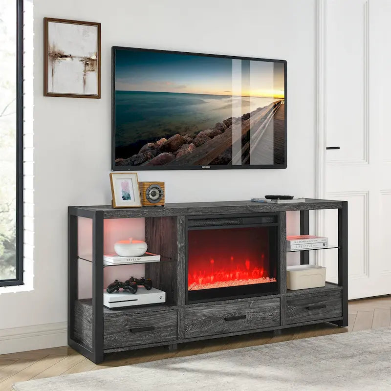 60-Zoll-Elektrokamin-Medien-TV-Ständer mit LED-Leuchten - dunkle rustikale Eiche