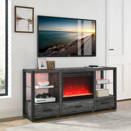 60-Zoll-Elektrokamin-Medien-TV-Ständer mit LED-Leuchten - dunkle rustikale Eiche