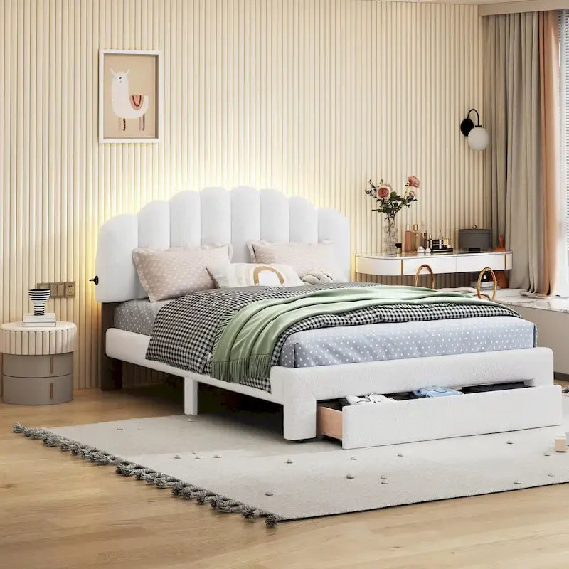 Gepolstertes Plattformbett in Queen-Size mit Schublade