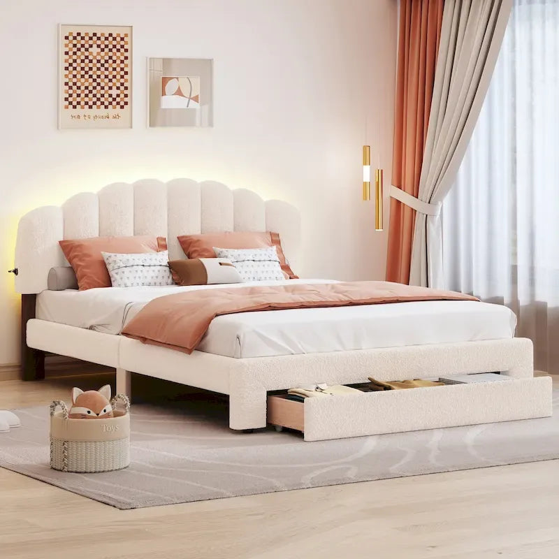 Gepolstertes Plattformbett in Queen-Size mit Schublade