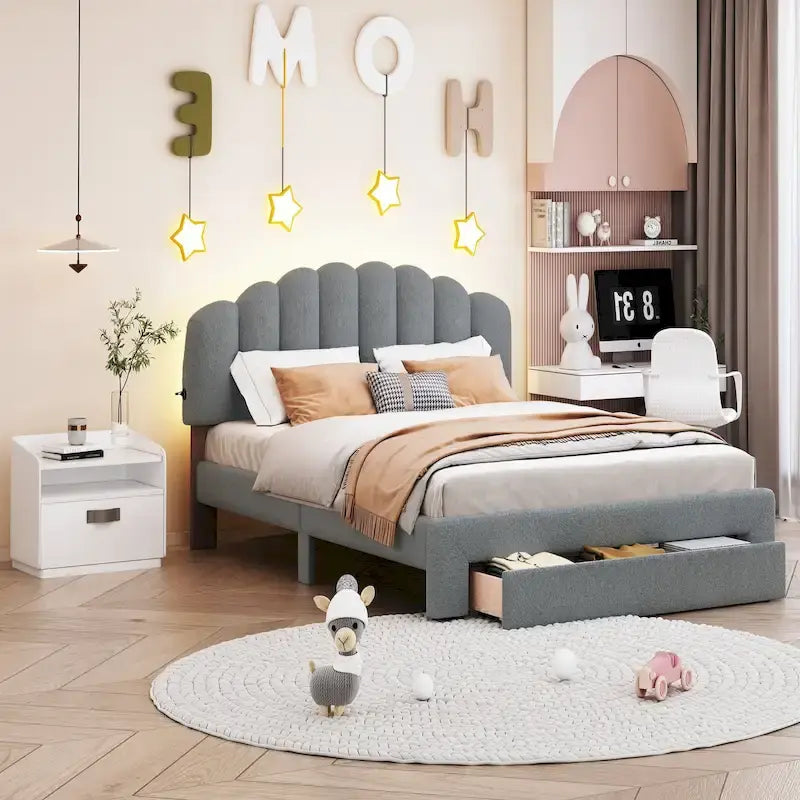 Gepolstertes Plattformbett in Queen-Size mit Schublade