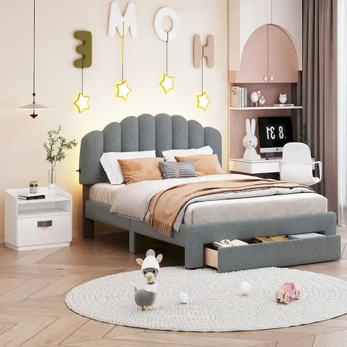 Gepolstertes Plattformbett in Queen-Size mit Schublade