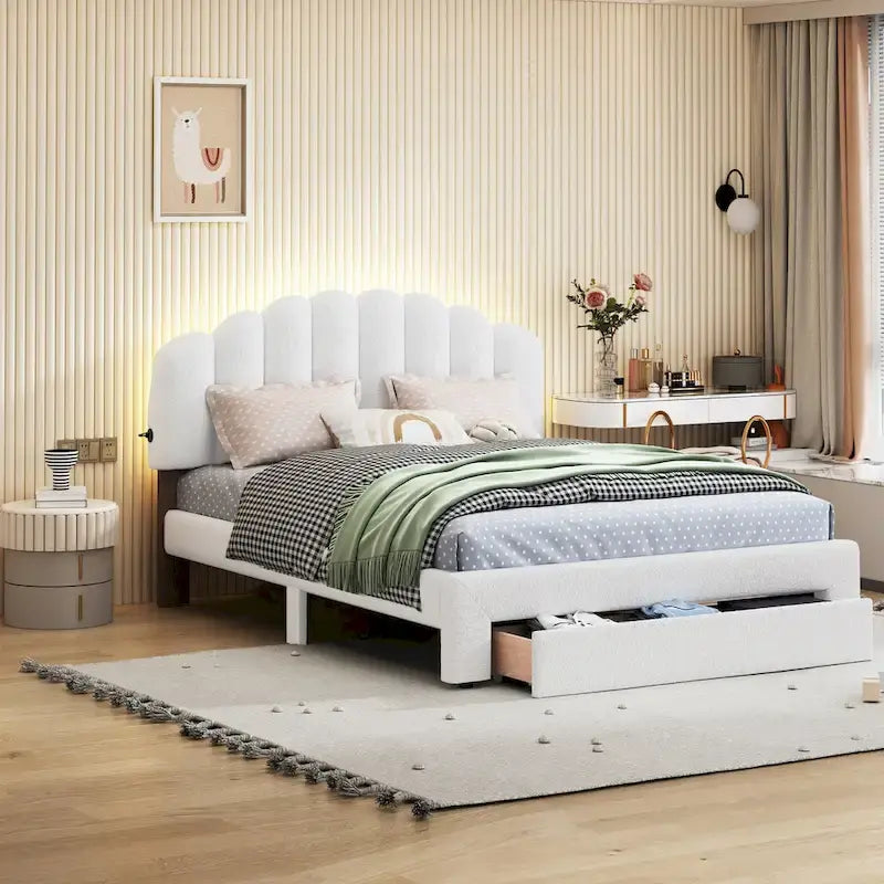 Gepolstertes Plattformbett in Queen-Size mit Schublade