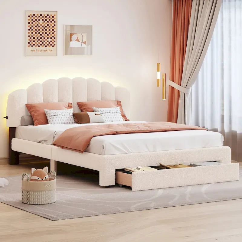 Gepolstertes Plattformbett in Queen-Size mit Schublade