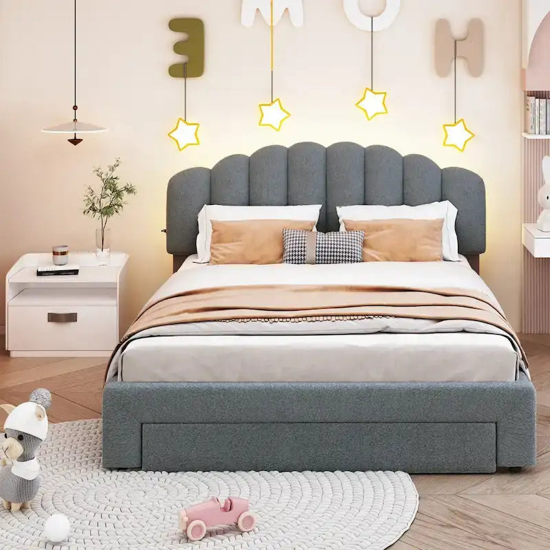 Gepolstertes Plattformbett in Queen-Size mit Schublade