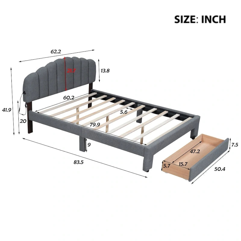 Gepolstertes Plattformbett in Queen-Size mit Schublade