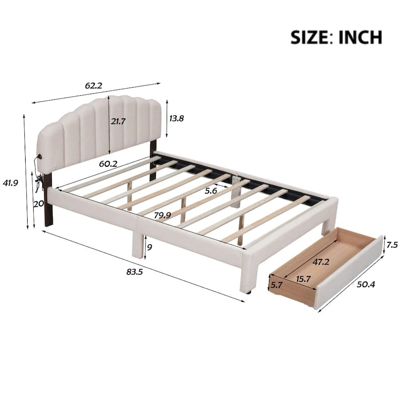 Gepolstertes Plattformbett in Queen-Size mit Schublade