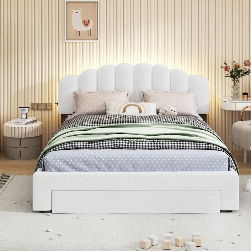 Gepolstertes Plattformbett in Queen-Size mit Schublade