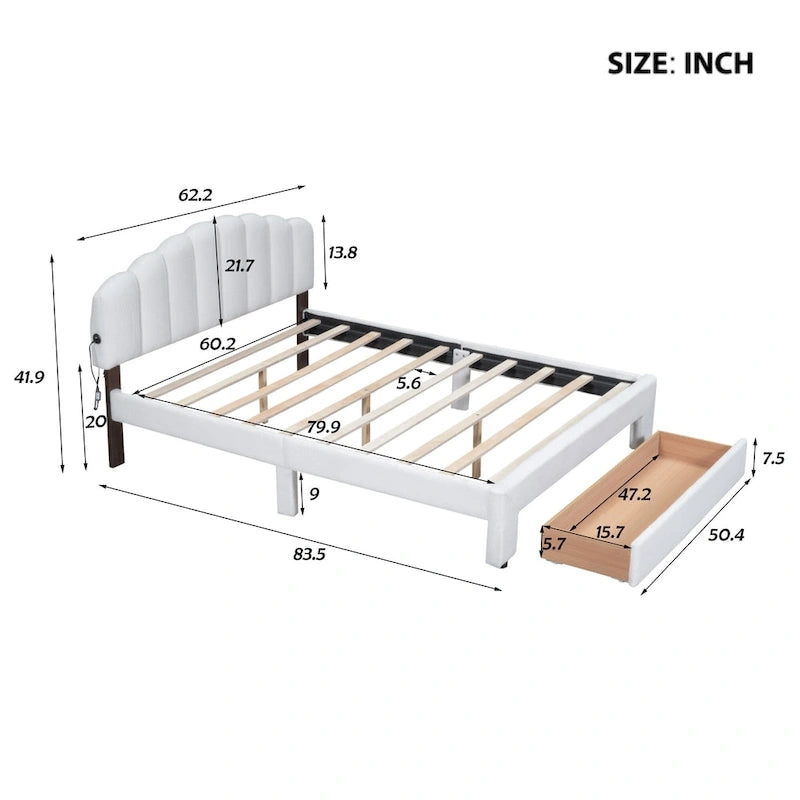Gepolstertes Plattformbett in Queen-Size mit Schublade