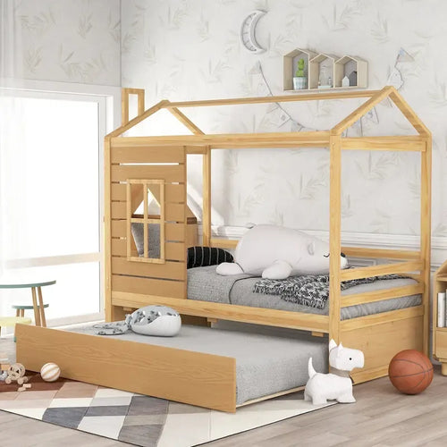 Hausbett aus Holz in Einzelbettgröße mit Ausziehbett in Einzelbettgröße (Natur)
