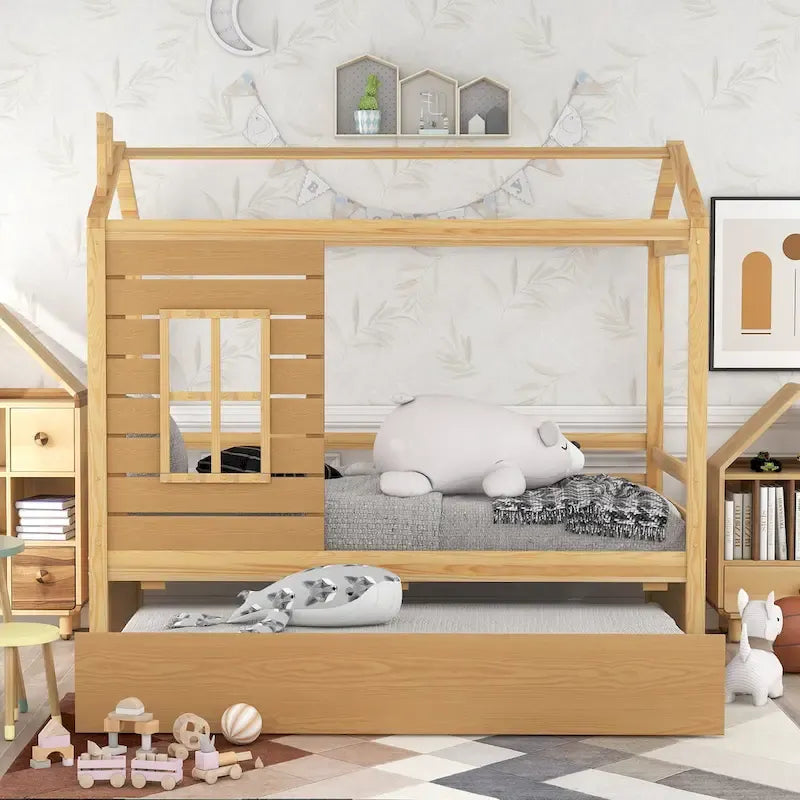 Hausbett aus Holz in Einzelbettgröße mit Ausziehbett in Einzelbettgröße (Natur)