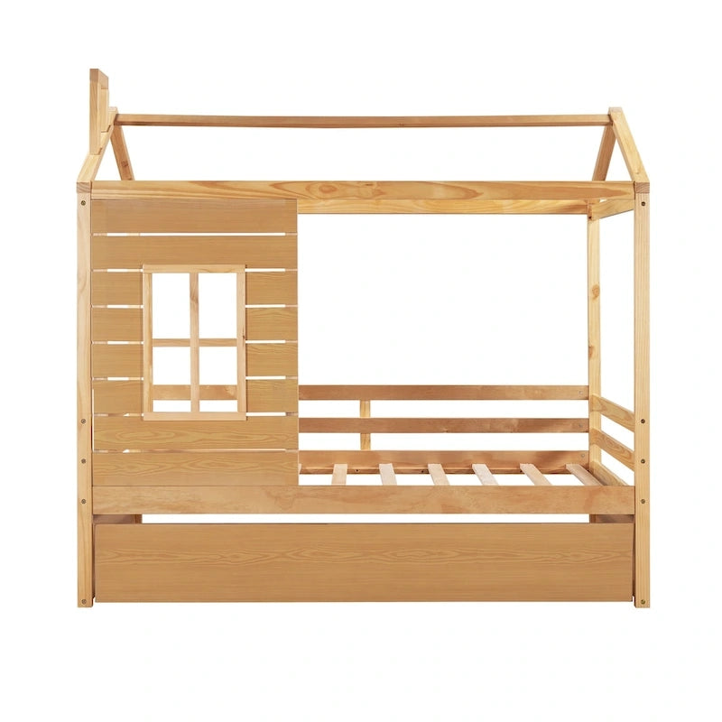 Hausbett aus Holz in Einzelbettgröße mit Ausziehbett in Einzelbettgröße (Natur)