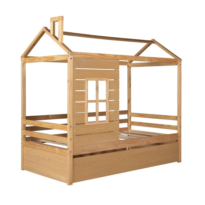 Hausbett aus Holz in Einzelbettgröße mit Ausziehbett in Einzelbettgröße (Natur)