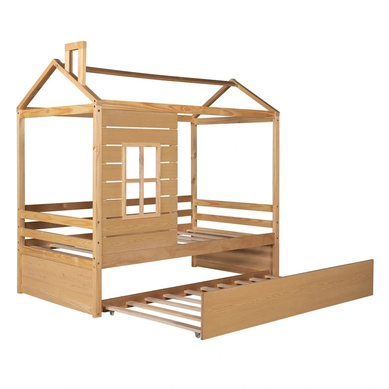 Hausbett aus Holz in Einzelbettgröße mit Ausziehbett in Einzelbettgröße (Natur)