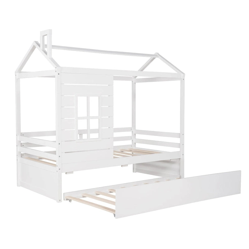 Hausbett aus Holz in Einzelbettgröße mit Ausziehbett in Einzelbettgröße (Natur)