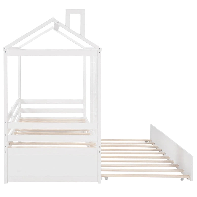 Hausbett aus Holz in Einzelbettgröße mit Ausziehbett in Einzelbettgröße (Natur)