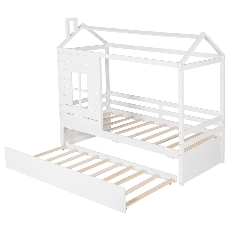 Hausbett aus Holz in Einzelbettgröße mit Ausziehbett in Einzelbettgröße (Natur)