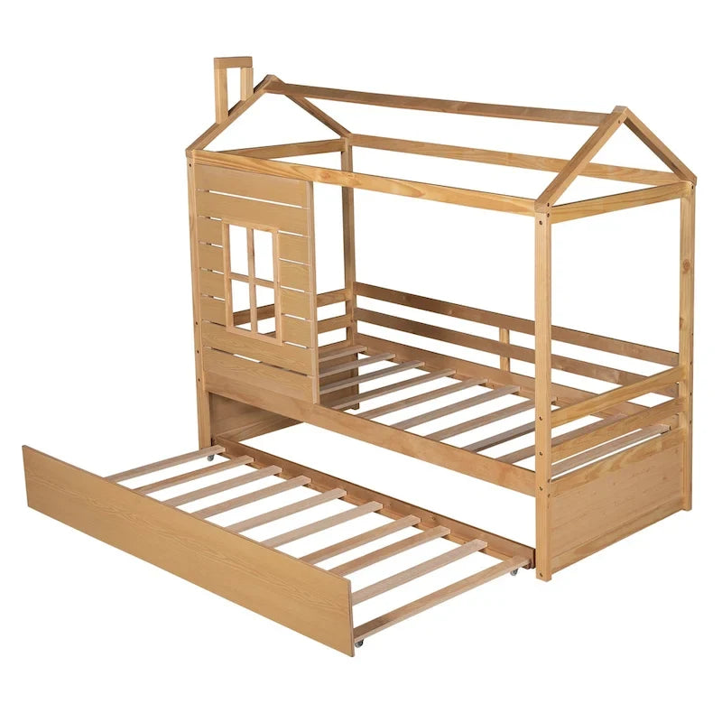 Hausbett aus Holz in Einzelbettgröße mit Ausziehbett in Einzelbettgröße (Natur)