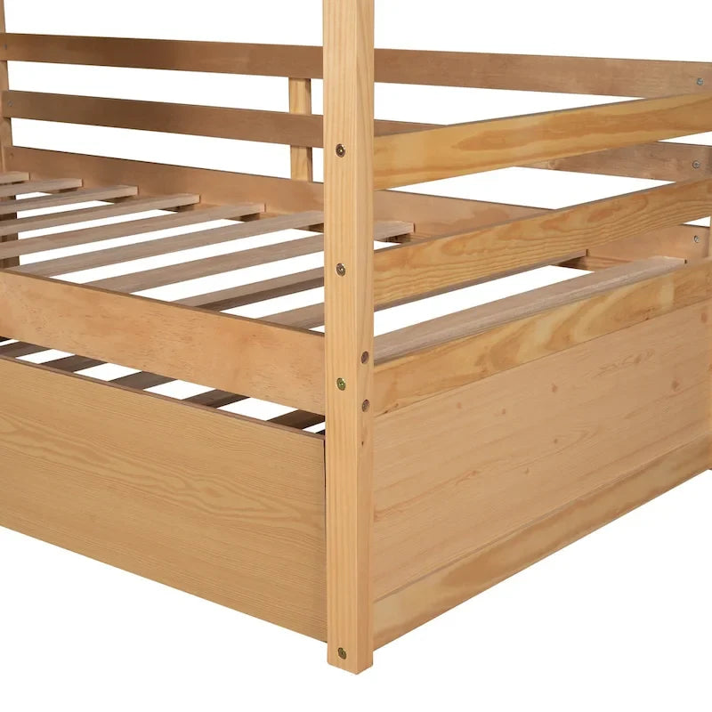 Hausbett aus Holz in Einzelbettgröße mit Ausziehbett in Einzelbettgröße (Natur)